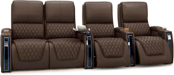 Seatcraft Apex Zero-Gravity CoolZero Italian Leather Home Theater Seating, Powered Headrest, Powered Lumbar, Powered Recline, Row of 4 Left Loveseat, Brown
