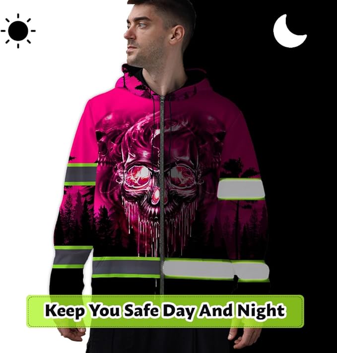Maddly Hi Vis Reflective Zip Up Hoodie, High Visibility Safety Jacket with Skull Design for runner, worker, trucker, cyclist
