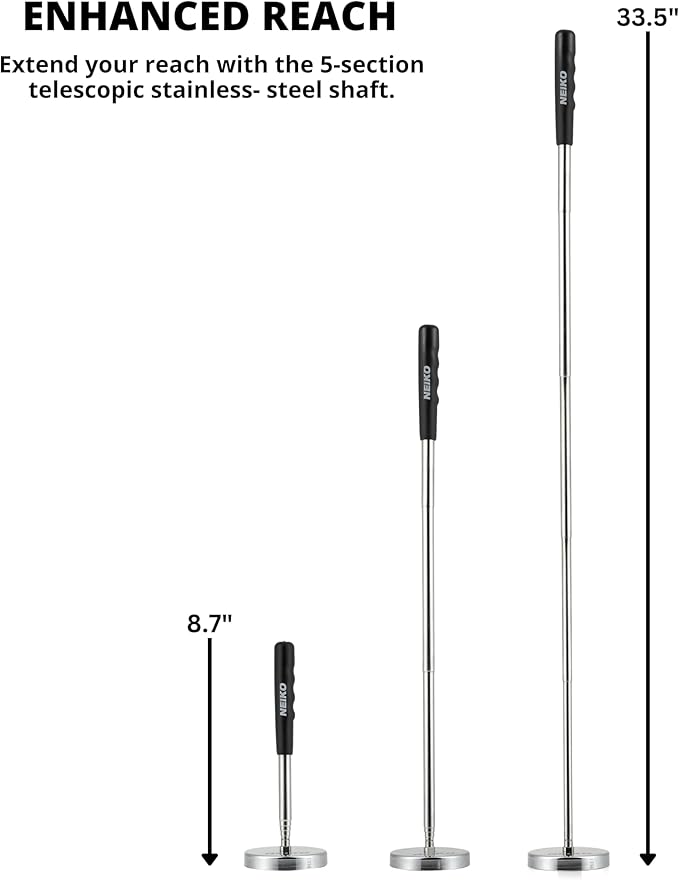 NEIKO 53426A 35LB Magnetic Pick Up Tool, Large Magnet with 3.3" Head, Extendable Magnetic Sweeper on a Stick up to 33.5 Inches, Nail Finder Pickup Tool, 5 Section Stainless Steel Shaft
