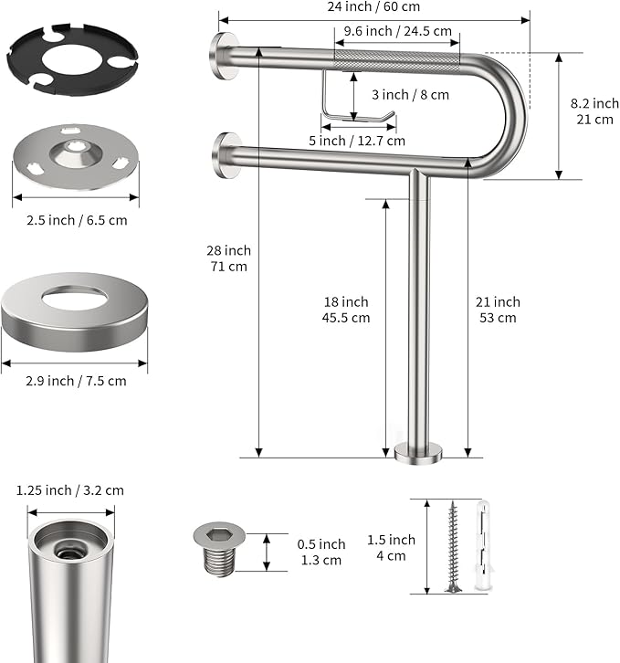 Toilet Grab Bar with Leg 24x28 Inch, ZUEXT Brushed Nickel Knurled Toilet Support Bar with Toilet Paper Holder, Stainless Steel Wall & Floor Mounted Bathroom Support Rail for Elderly Disabled Pregnant