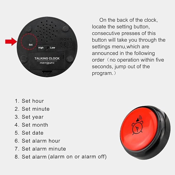 memo24 Talking Button Alarm Clock for The Blind and Visually Impaired, Elderly & Dementia Sufferers. English Male Voice Announces Time/Day/Date, Volume Control Switch, Batteries Included.