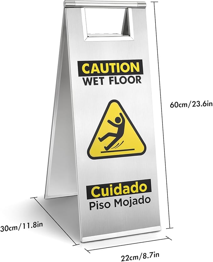 2 Packs Wet Floor Sign Stainless Steel for Business, Commercial Caution Wet Floor Sign Double Sided & Bilingual, Size 24'' * 9''，Silver