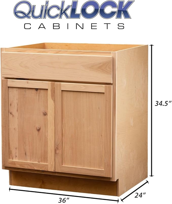 Quicklock RTA (Ready-to-Assemble) | Base Kitchen Cabinets - Shaker Style | Made in America (Raw Hickory, 36" Wx34.5 Hx24 D Sink Base)