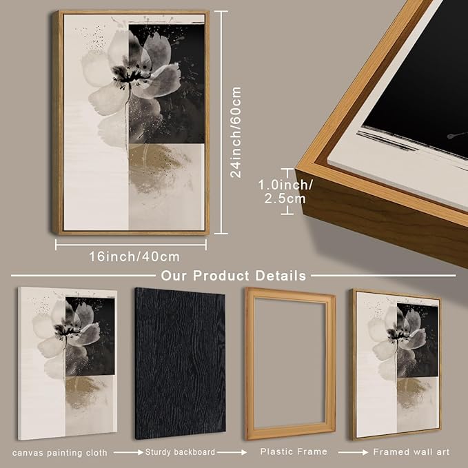 IARTTOP Framed Black Neutral Large Canvas Wall Art 16x24 Inch Minimalist Abstract White Tan Brown Flower Wall Decor Set of 3 for Living Room Bedroom Dining room