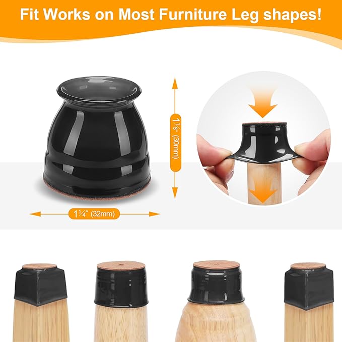 CHUNZEXI 32 Pack Chair Leg Floor Protectors for Hardwood Floors, Silicone Felt Covers Pads Caps, Protect Wood Furniture Feet Floors Noise Reduce and Scratch (Universal Small & Black)