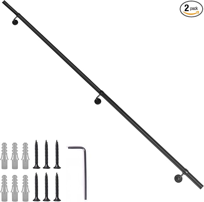 6.6Ft Industrial Metal Stairs Handrail Kit, Sturdy Wall Mount Aluminum Hand Rail, Indoor Outdoor Stair Railing Wood Concrete Brick Wall,1.5 in Round Pipe Grab Bar, Matte Black-6.6FT