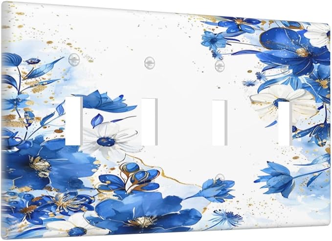 Klein Blue Flowers Watercolor Golden White Floral Light Switch Covers Quad Toggle Electrical Faceplate 4 Gang Wall Plate Decorative Switch Plates Cover for Bedroom Living Room Decor