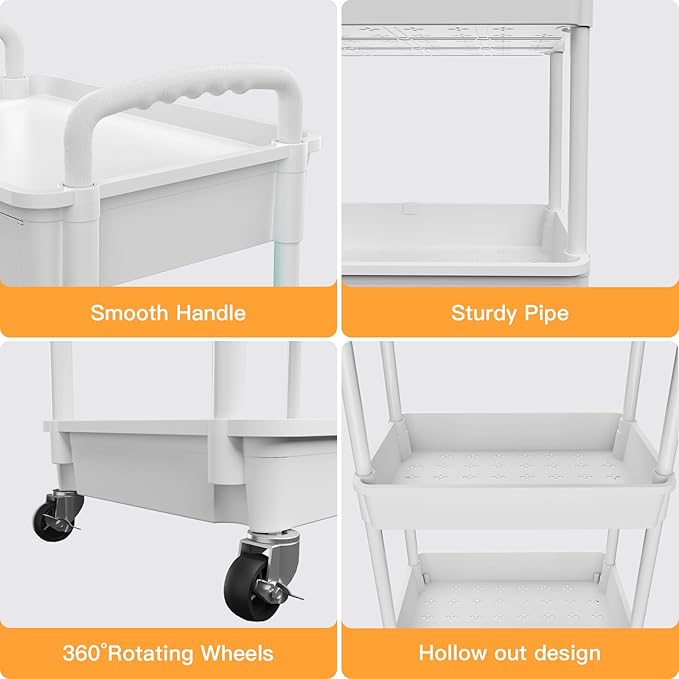 5 Tier Rolling Utility Cart with Drawer,REBECAT Utility Cart Made of Multifunctional Storage Organizer Tool for Kitchen,Bathroom,Living Room,Office(White)