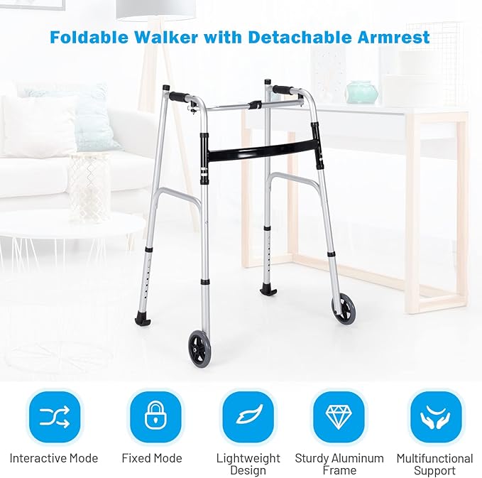 Goplus Walkers for Seniors, Foldable Standard Walker with 5’’ Wheels and Removable Padded Armrests 440lbs, Lightweight Walking Mobility Aid, Folding Platform Walker for Elderly, Handicap, Disabled