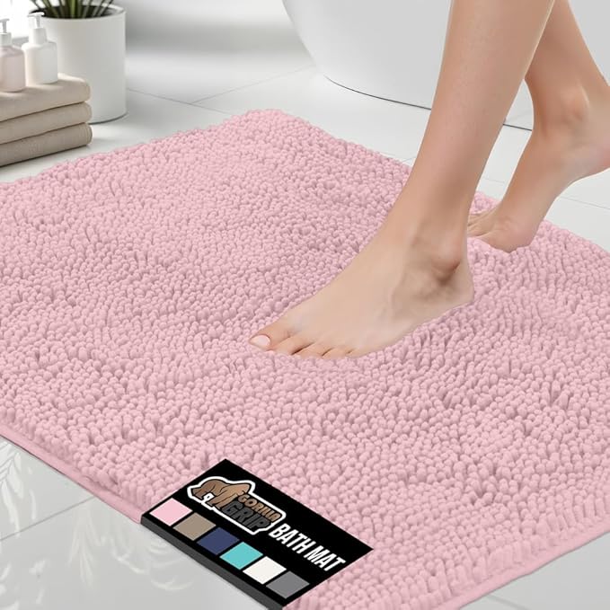 GORILLA GRIP Bath Rug Mat 36x24, Soft Absorbent Chenille, Quick Dry Microfiber Mats, Rubber Backing Washable Shower Floor Rugs, Bathmat Runner, US Designed Bathroom Home Decor Accessories Light Pink