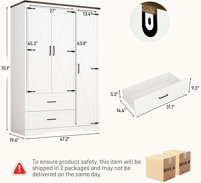 3 Doors Wardrobe Armoire Closet with Doors and Drawers, Farmhouse Wooden Armoire Storage Cabinet with Shelves & Hanging Rod for Bedroom, White