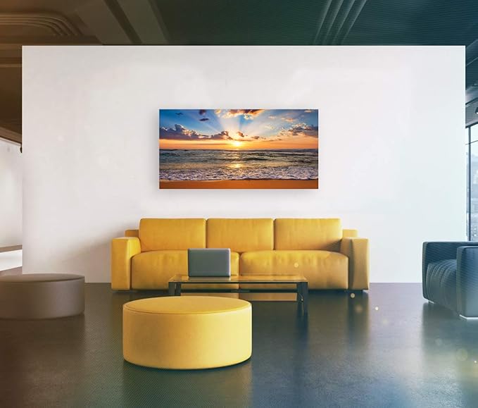 Muolunna BK1850 Wall Art Decor Large Canvas Print Picture Sunrise Ocean Beach Waves Scenery Modern Painting Artwork for Office Wall Decor Home Decoration Stretched and Framed Ready to Hang, 20x40inch