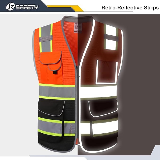 JKSafety 9 Pockets Hi-Vis Safety Vest High Visibility Reflecitive Mesh Safety Vests for Men and Women Cushioned Collar Work Utility PPE Work Gear ANSI/ISEA compliant Class 2 (101-OBlk XL)