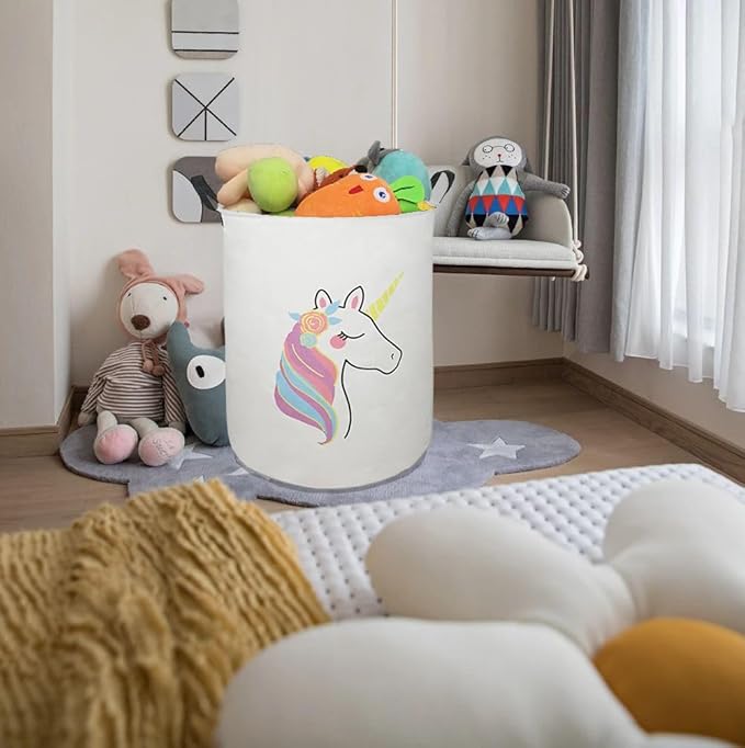 19.7 Inch Round Laundry Clothes Hamper Laundry Basket with Handles,Storage Organizer Bins Laundry Gift Basket for Room, Bedroom Decor (Single Unicorn)