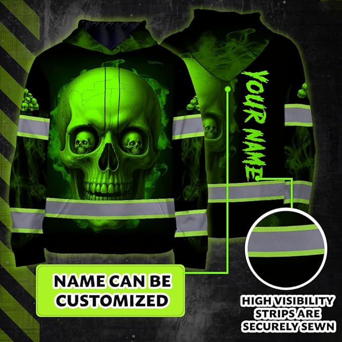 Matedecor Skull US Flag Reflective High Visibility Hoodie For Men Construction Hi Vis Safety Workwear Custom Name