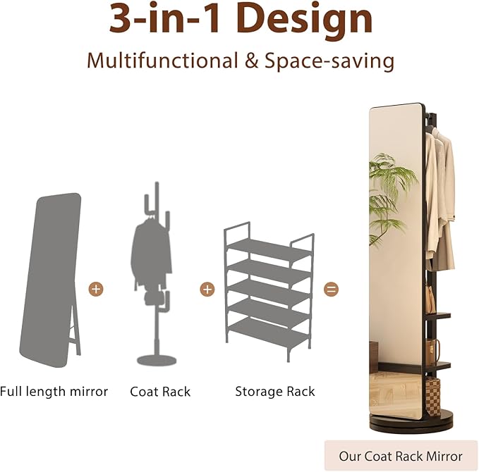 Full Length Mirror with Stand,Mirror Coat Rack,65.7 ''×15.8 ''Floor Mirror for Bedroom, Living Room, Dressing Room (Black)
