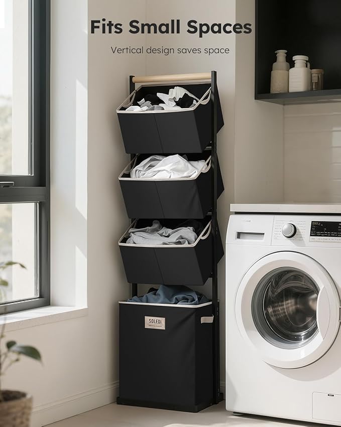 SOLEDI 4 Section Laundry Hamper Sorter, Stackable Laundry Basket Organizer with Removable Basket, 125L 4-Tier Vertical Laundry Sorter for Small Space, Laundry Room, Dorm, Bathroom, Wardrobe Black