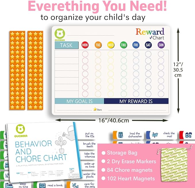 QUOKKA Reward Chart for Kids - Magnetic Behavior Chore Chart for Kids at Home - Dry and Erase Routine and Responsibility - Use 84 Magnets & 102 Stars - from Toddlers to Teens - Version 1 Extended