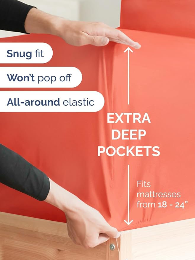 Extra Deep Twin XL Sheet Set - 4 Piece Breathable & Cooling Sheets - Hotel Luxury Bed Sheets Set - Easy & Secure Fit - Soft, Wrinkle Free & Comfy Sheets Set - Coral Sheet Set with Extra Deep Pockets