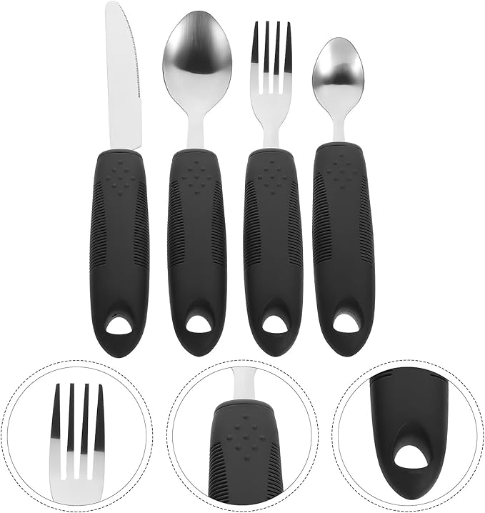 Tremble Adaptive Tableware for Elderly and Disabled Adults Lightweight Non-Slip Stainless Steel Utensils with Comfort Grip Handles Black Handle Cutlery for Arthritis and Hand