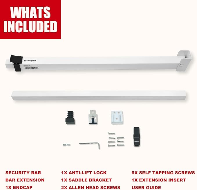 SECURITYMAN Sliding Door Security Bar-Child Proof Sliding Door Lock Bar with Anti Lift Lock - Fits Most Doors & Windows - Adjustable Patio Door Security Bar (18.75"- 51.1") - White