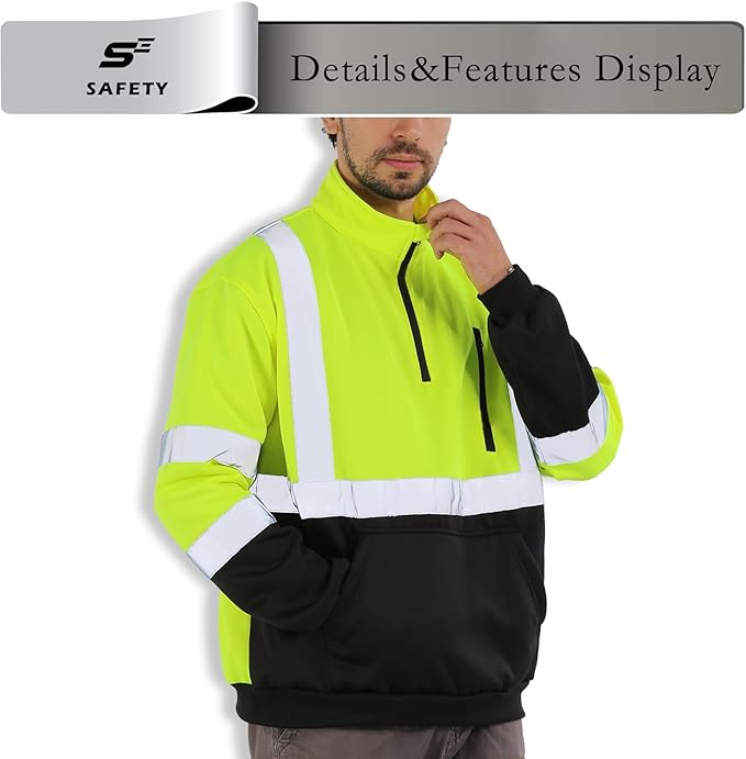 sesafety Work Safety Sweater High Visibility Construction,Class 3 Hi Vis Reflective Sweatshirt for Men,1/4 Zip,Pullover