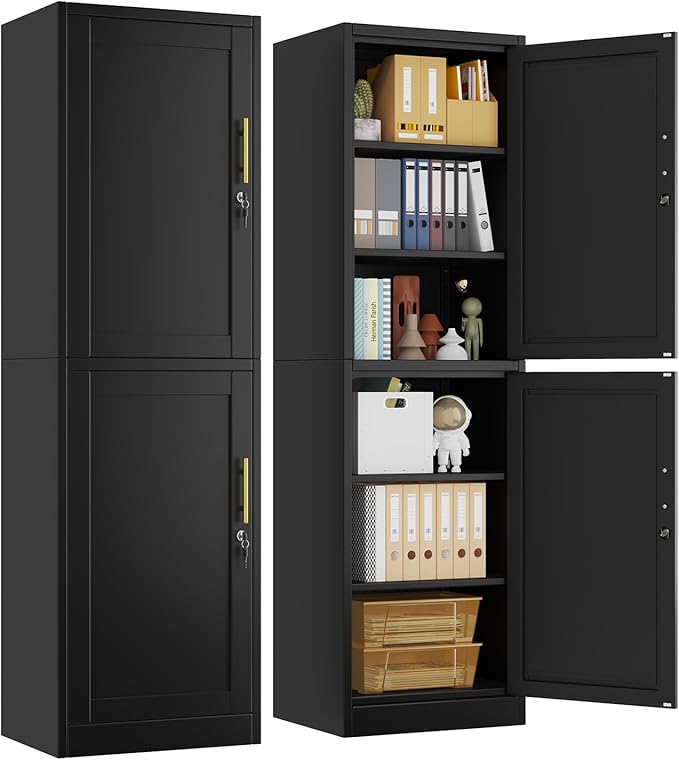67" Metal Storage Cabinet with Lock, Tall Narrow Office File Cabinets with 2 Doors & 4 Adjustable Shelves, Metal Steel Locker for Home, School, Office, Garage or Gym (Black)