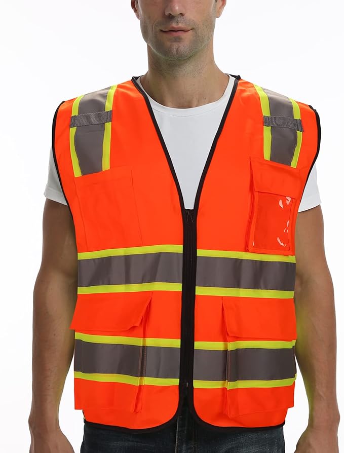 9 Pocket High Visibility Class 2 Safety Vest with 2 Inch Reflective Strips and Zipper Construction Work Vest for Men & Women Orange, 5XL