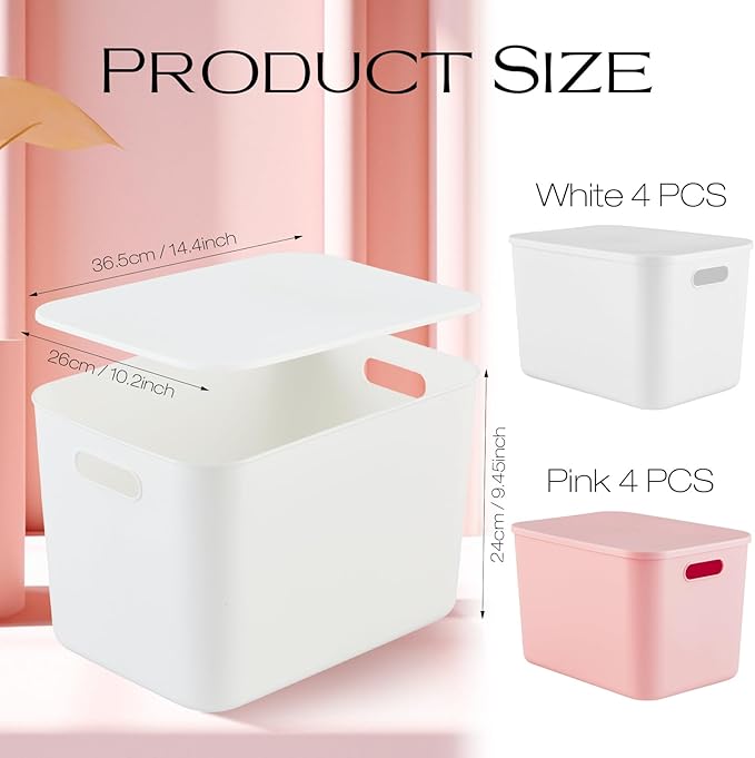Hoolerry 8 Pieces Colorful Storage Bins with Lid, Plastic Storage Basket Organizing Container Stackable Box with Handle for Shelves Desktop Playroom Office(14.2 x 10.2 x 9.5 Inch,White and Pink)