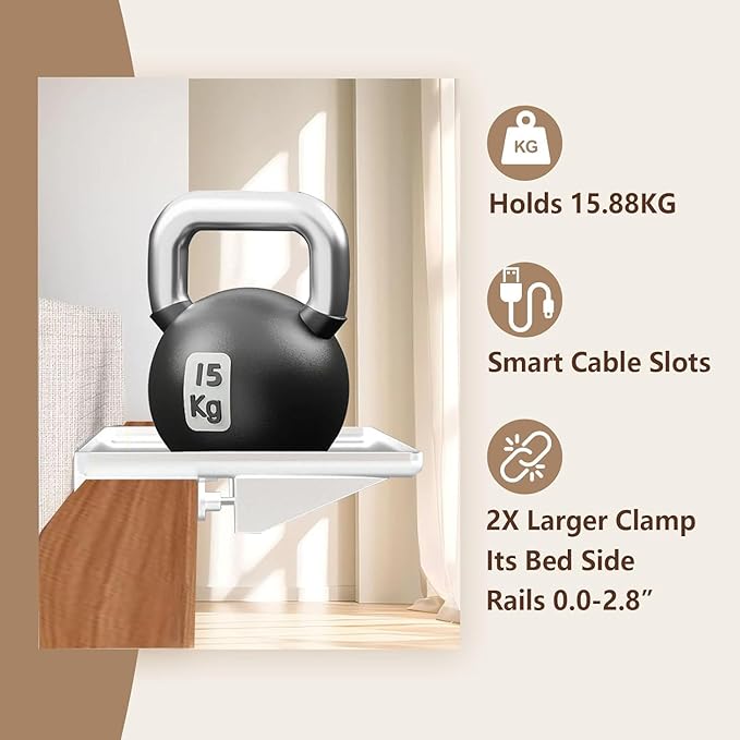 Bedside Shelf for Bunk & Loft Beds – Clip-On Nightstand Tray Organizer, Phone/Tablet Slot & Cable Management – College Dorm Room Essentials for Girls/Guys, Kids & Teens, Top Bunk (Black)