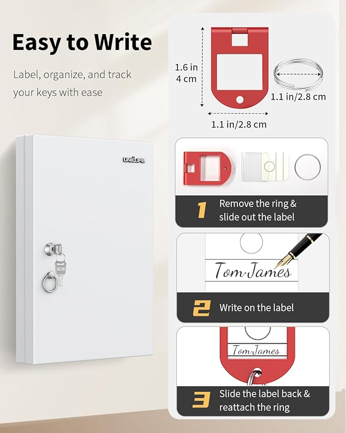 Uniclife 32 Position White Key Lock Box, Wall Mount Key Box, Car Key Organizer with Writable Key Racks and Tags, Security Key Cabinet, Car Key Holder Storage Box for Office Hotel & Company