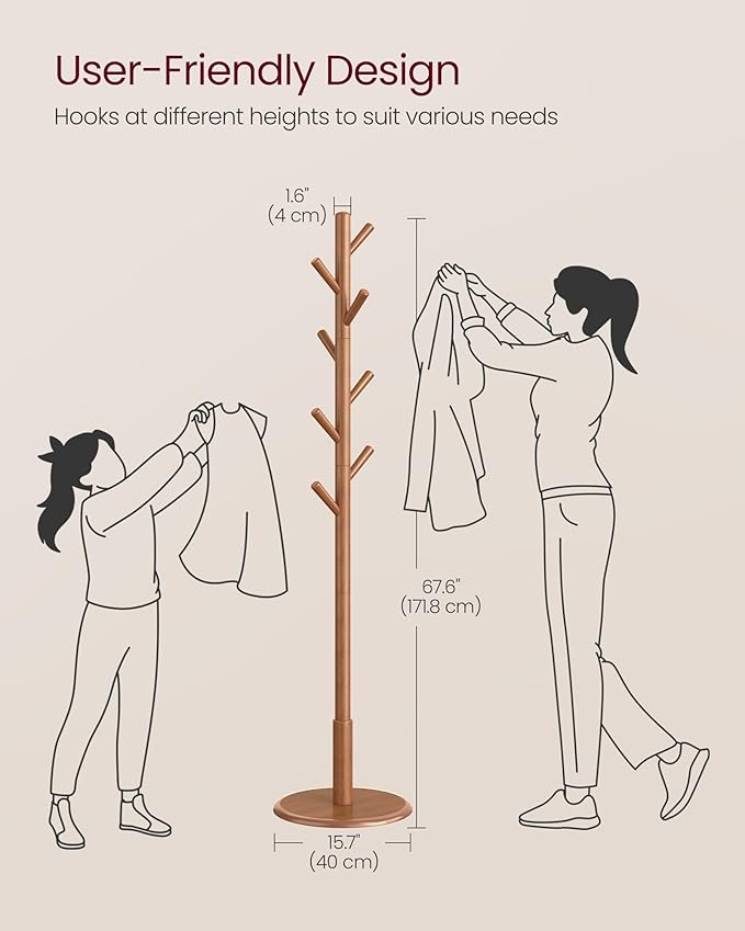 VASAGLE Solid Wood Coat Rack, Free Standing Hall Coat Tree with 8 Hooks, 3 Height Options, for Coats, Hats, Bags, Purses, for Entryway, Hallway, Rubberwood Hooks and Pole, Caramel Brown URCR009W01