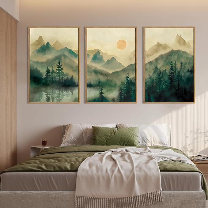 IARTTOP Large Forest Green Wall Art Framed 24x36 Inch Foggy Mountain Landscape Canvas Art Prints Nature Landscape Wall Decor for Living Room Bedroom Office Set of 3