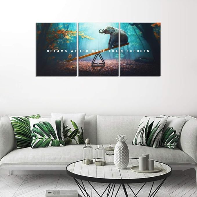 Unbruvo Elephant Wall Art for Office, Motivational Inspirational Canvas Wall Art, 3 Pieces Elephant Painting Prints Wall Decor for Living Room Bedroom Classroom Dorm(72”Wx36”H)