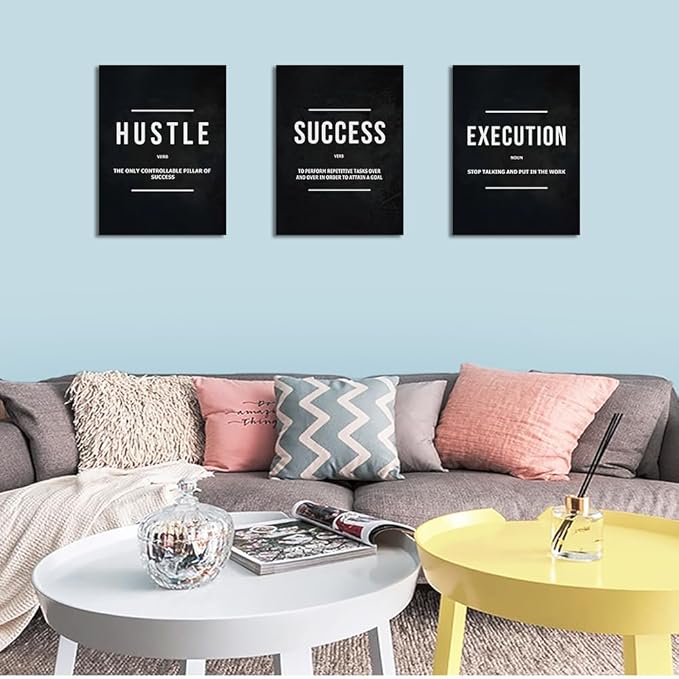 Unbruvo Hustle Success Execution Wall Art for Office, Inspirational Motivational Wall Decor, 3 Pieces Positive Quotes Canvas Wall Art for Entrepreneur Living Room Bedroom(60''Wx 28''H)