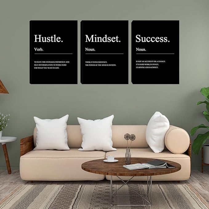 Unbruvo 3 Pieces Motivational Wall Decor-Inspirational Hustle Canvas Wall Art, Positive Affirmation Wall Decor for Living Room Bedroom Classroom Office(36”Wx16”H)