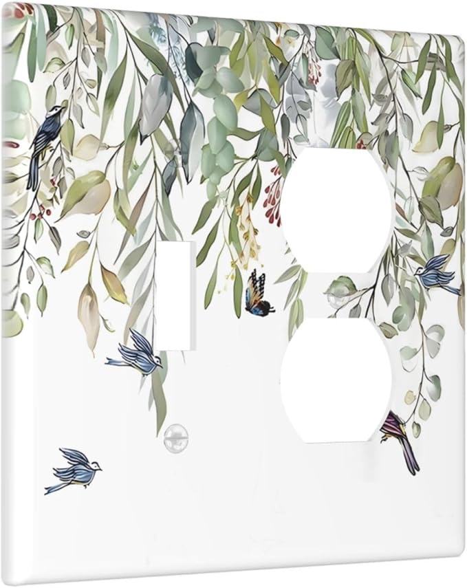 Green Leaf Eucalyptus Leaves Floral Bird Butterfly Wallplates 1 Toggle 1 Duplex Switch Plate Electrical GFCI Faceplate Decorative Light Switch Covers for Bed Room Living Room Decor