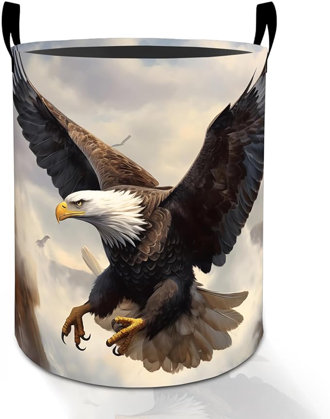 Bald Eagle Laundry Basket Hamper for Boys Girls Kids Adults, Foldable Waterproof Oxford Clothes Storage Bin, American Freedom Bird Organizer for Bedroom Bathroom Room Decor 19.7"x15.8"