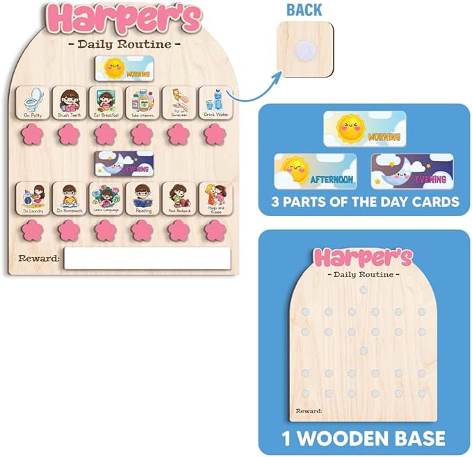 Personalized Wooden Chore Chart for Kids, Daily Routine Chart for Toddlers, Visual Schedule for Kids Age 3-5, Morning Bedtime Routine for Girls (02_1)