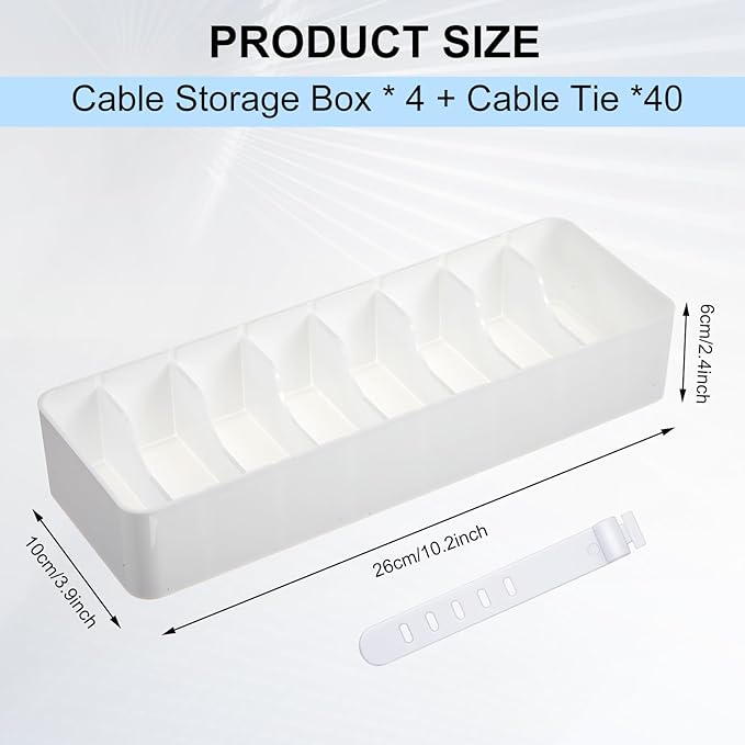 Tatuo 4 Pcs Cable Organizer with 40 Wire Ties, Plastic Cord Storage Charger Box Electronics Organizer with Adjustment Compartments Cable Storage for Drawer Home Office Desk Accessories (White)