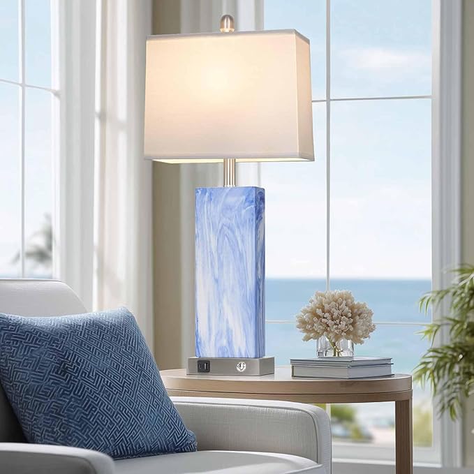 28.5" Coastal Blue Ceramic Table Lamps Set of 2, 3-Way Touch Control Bedroom Lamp with USB C+A Ports, Tall Square Lamps for Living Room, Elegant Bedside Lamps for Nightstand Side End Table