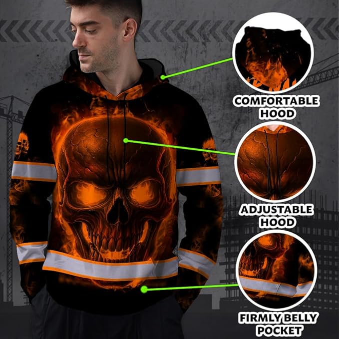 Matedecor Skull US Flag Reflective High Visibility Hoodie For Men Construction Hi Vis Safety Workwear Custom Name