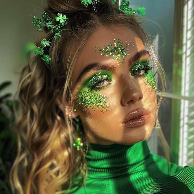 Mysense Green Body Glitter Stick, Mardi Gras Face Hair Glitter, Festival Rave Outfits for Women, St Patricks Day Accessories, Sparkling Mermaid Sequins Chunky Glitter Makeup, 0.56oz