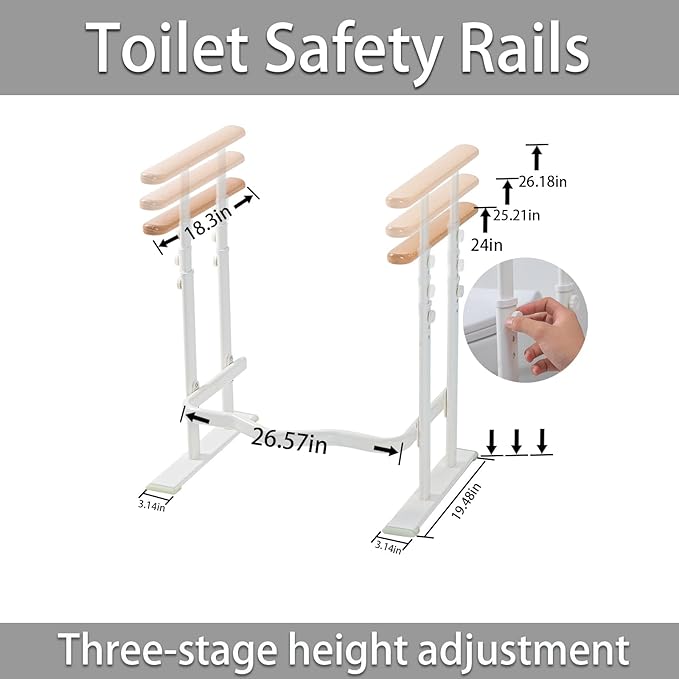 Toilet Safety Rails for Seniors - Toilet Safety Frame with Dual Pillars, Waterproof Nighttime Reflective Base, 3-Speed Height Adjustment (White, Double Pillar)