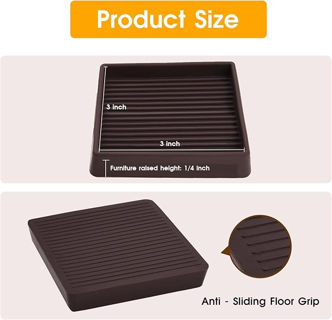 4 Pack Square Rubber Furniture Caster Cups, 3X3 Anti-Slip Gripper for Hardwood Floor Protection, Heavy Duty Anti Slide Floor Protectors for Bed Couch Stoppers