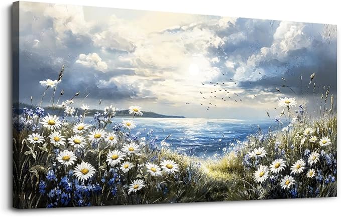 KELIYUAN Large Wall Decor Canvas Painting Wall Art For Living Room Decor Blue Mediterranean Garden Landscape Painting Bedroom Print Artwork Picture For Dining Room Bathroom Home Decoration 24x48 In