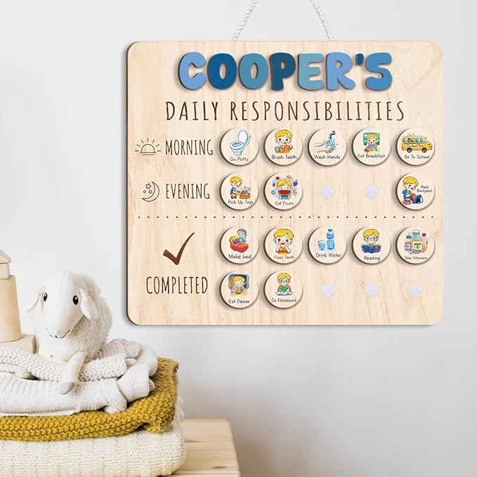 Wooden Chore Chart for Kids Visual Schedule, Routine Chart for Kids, Morning Bedtime Routine Chart for Toddlers Ages 2-4, Daily Kids Schedule Board for Home (16)