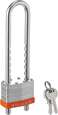Padlock with Key, WULALACK 2 inch Wide Heavy Duty Laminated Steel Keyed Padlock with Adjustable Shackle, Long Shackle Pad Lock with 2 Keys