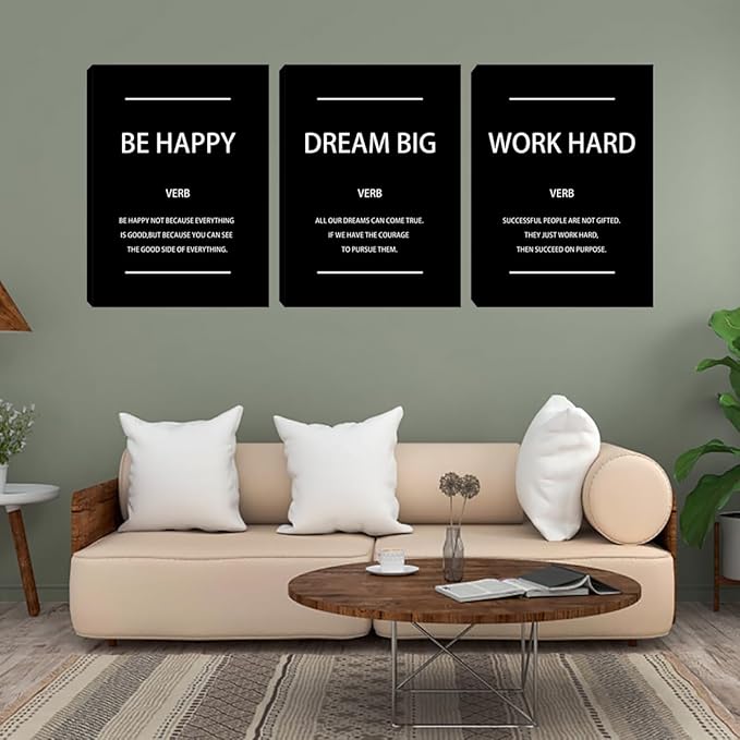 Unbruvo Motivational Office Wall Art, 3 Pieces Inspirational Canvas Wall Art, Dream Big Be Happy Work Hard Prints Poster Wall Decor for Living Room BedRoom Dorm(48" Wx24 H)