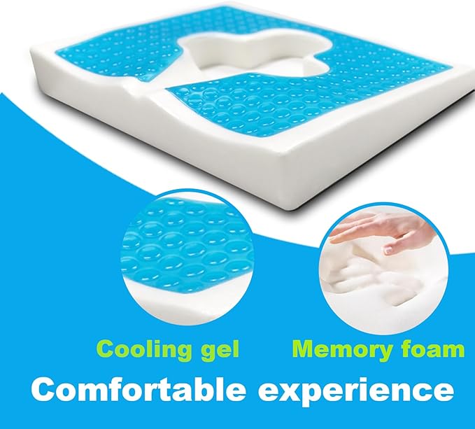Gel Wheelchair Seat Cushion,Bed Sore Cushions for Butt,Chair Pressure Sore Cushion,Memory Foam Butt Pillow for Bed,Pressure Ulcer Pain Relief, Sciatica,Coccyx, Non-Slip Washable Cover(Blue)
